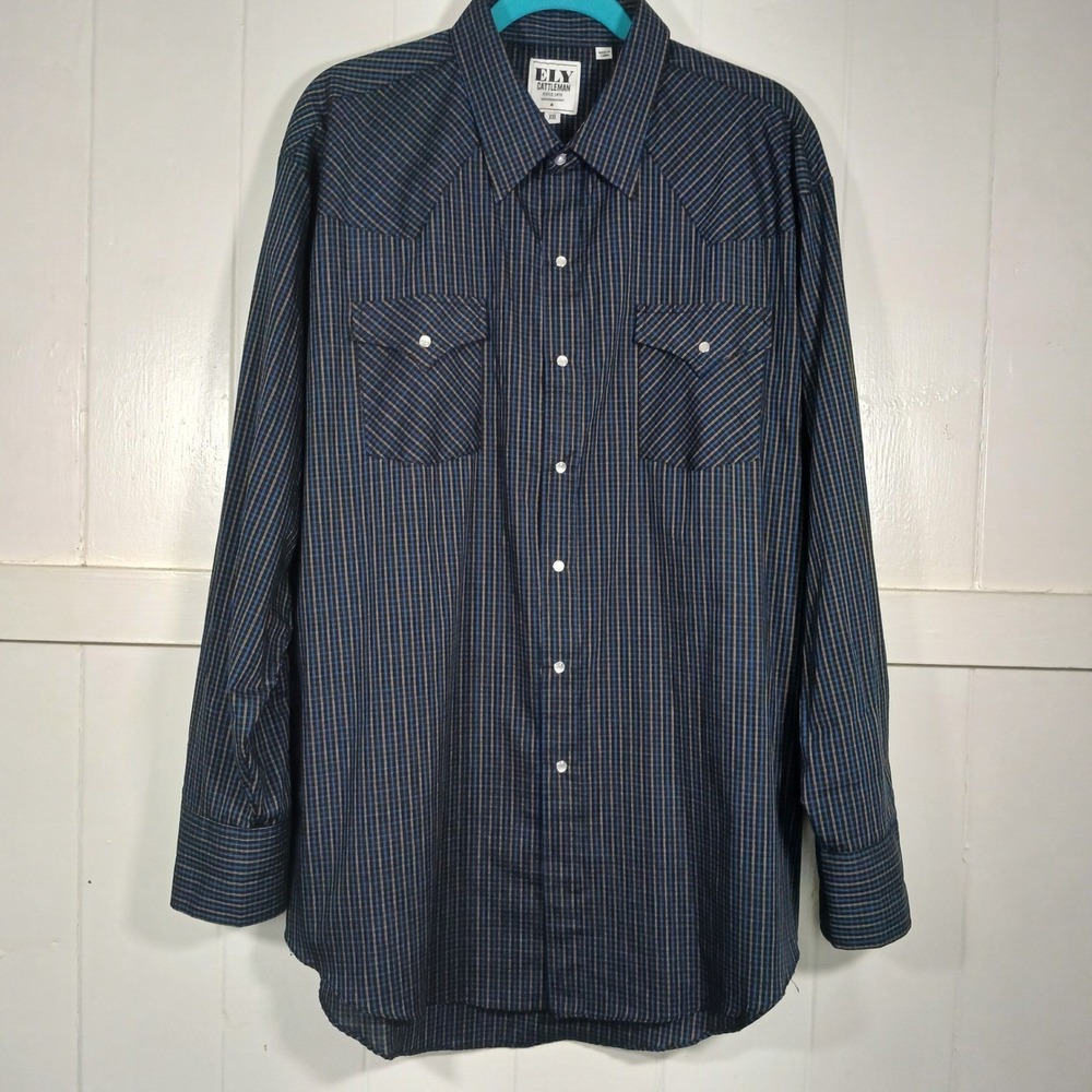 Ely Cattleman‎ Mens XXL Blue Plaid Western Pearl Snap Long Sleeve Shirt XXL